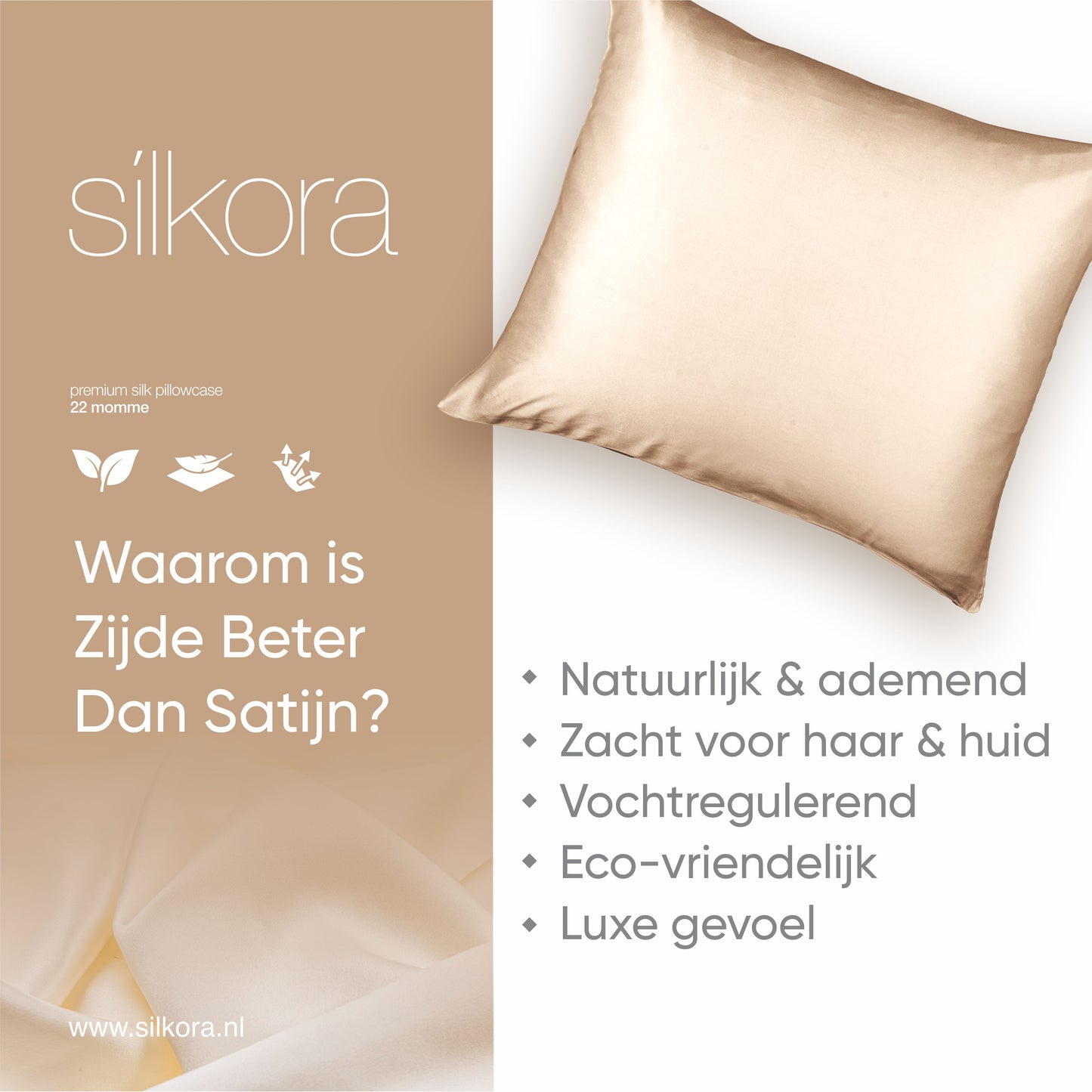 Silkora Premium Silk Pillowcase - 22 Momme 100% Mulberry Zijden Kussensloop - Ultra Zacht, Verborgen Ritssluiting - 60x70 cm - Champagne