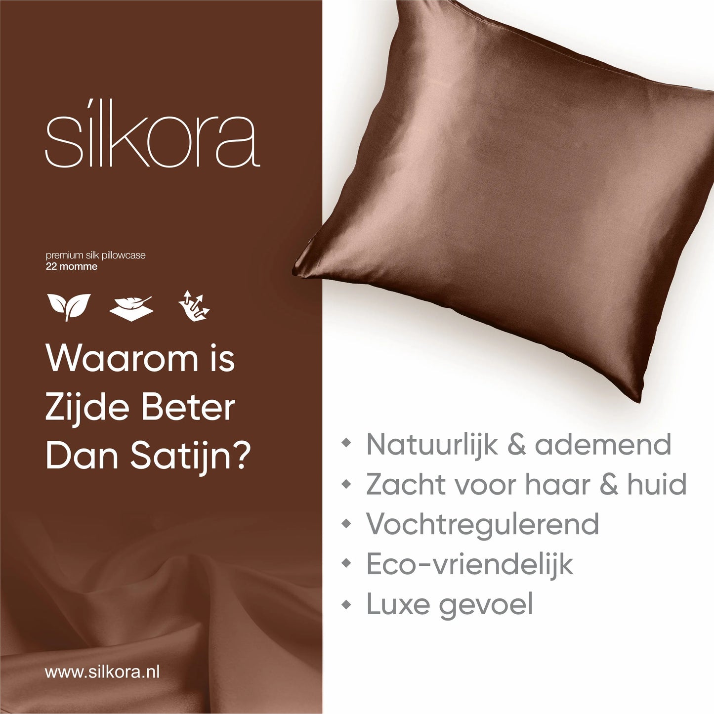 Silkora Premium Silk Pillowcase - 22 Momme 100% Moerbei Zijden Kussensloop 60x70 cm - Ultra Zacht, Verborgen Ritssluiting - Chocolate